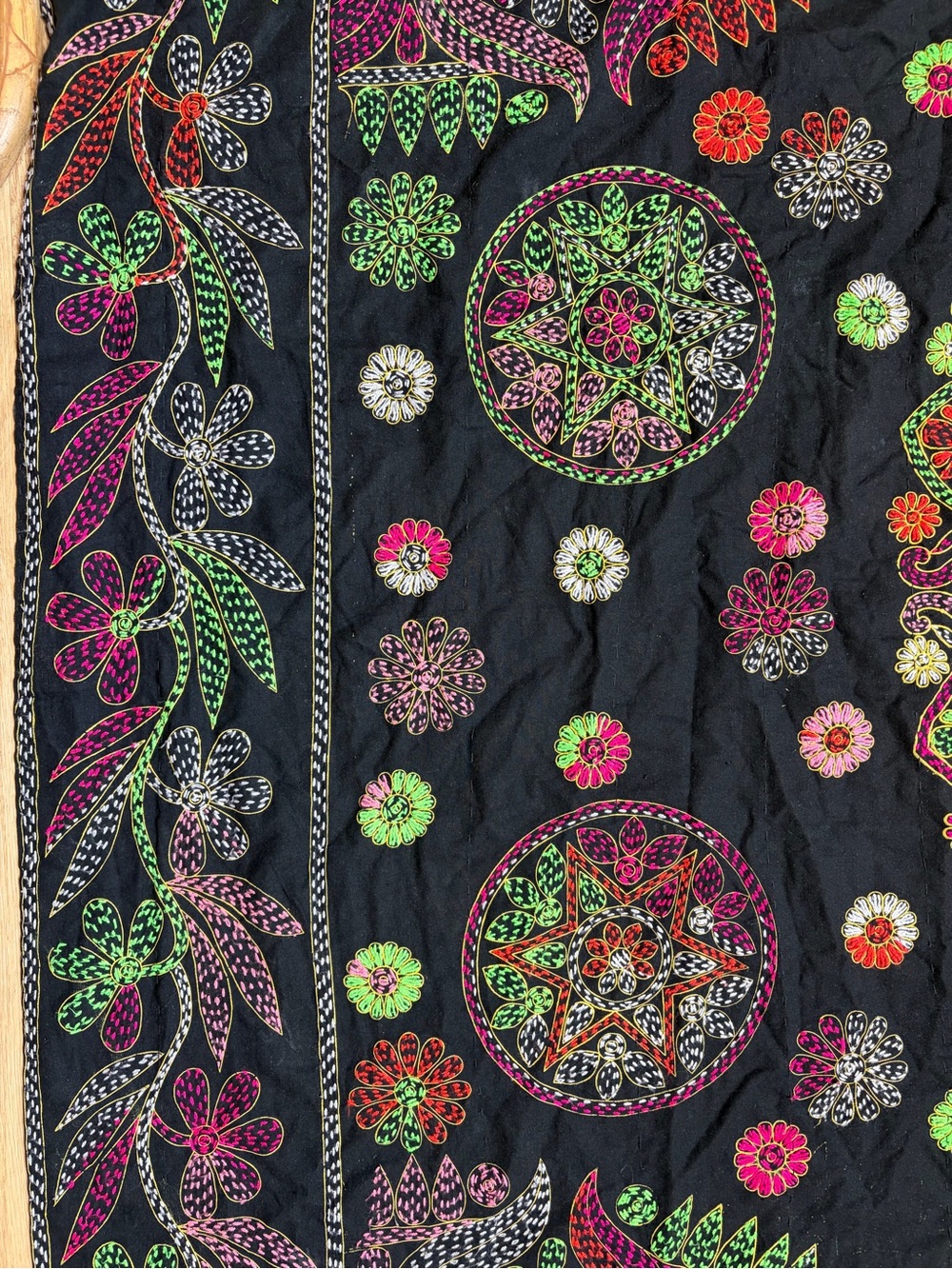 Boho Embroidered Throw Full Bed Coverlet Black Tapestry Neon Floral Print